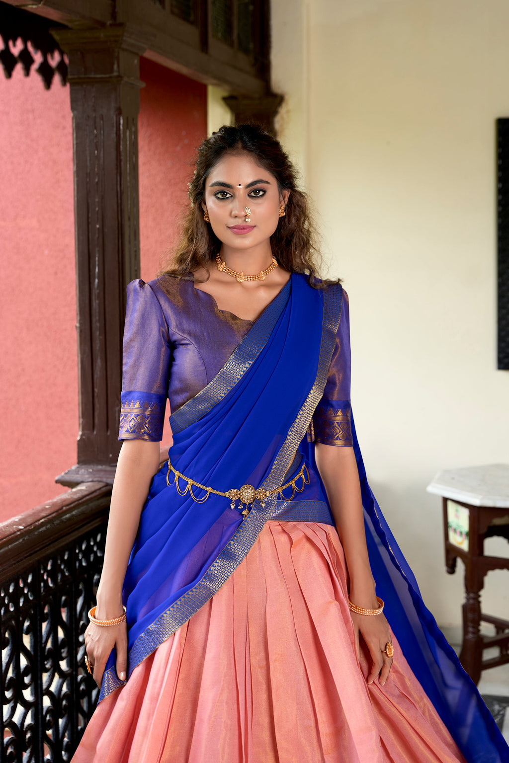 Lorenvalley Peach Kanchipuram Zari Weaving Work Lehenga Choli | Grocsy