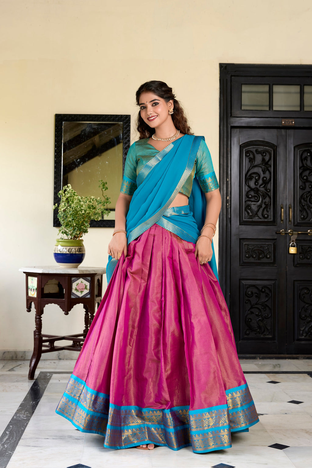 Lorenvalley Pink Kanchipuram Zari Weaving Work Lehenga Choli | Grocsy