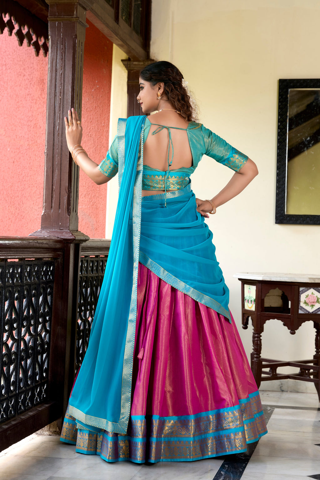 Lorenvalley Pink Kanchipuram Zari Weaving Work Lehenga Choli | Grocsy