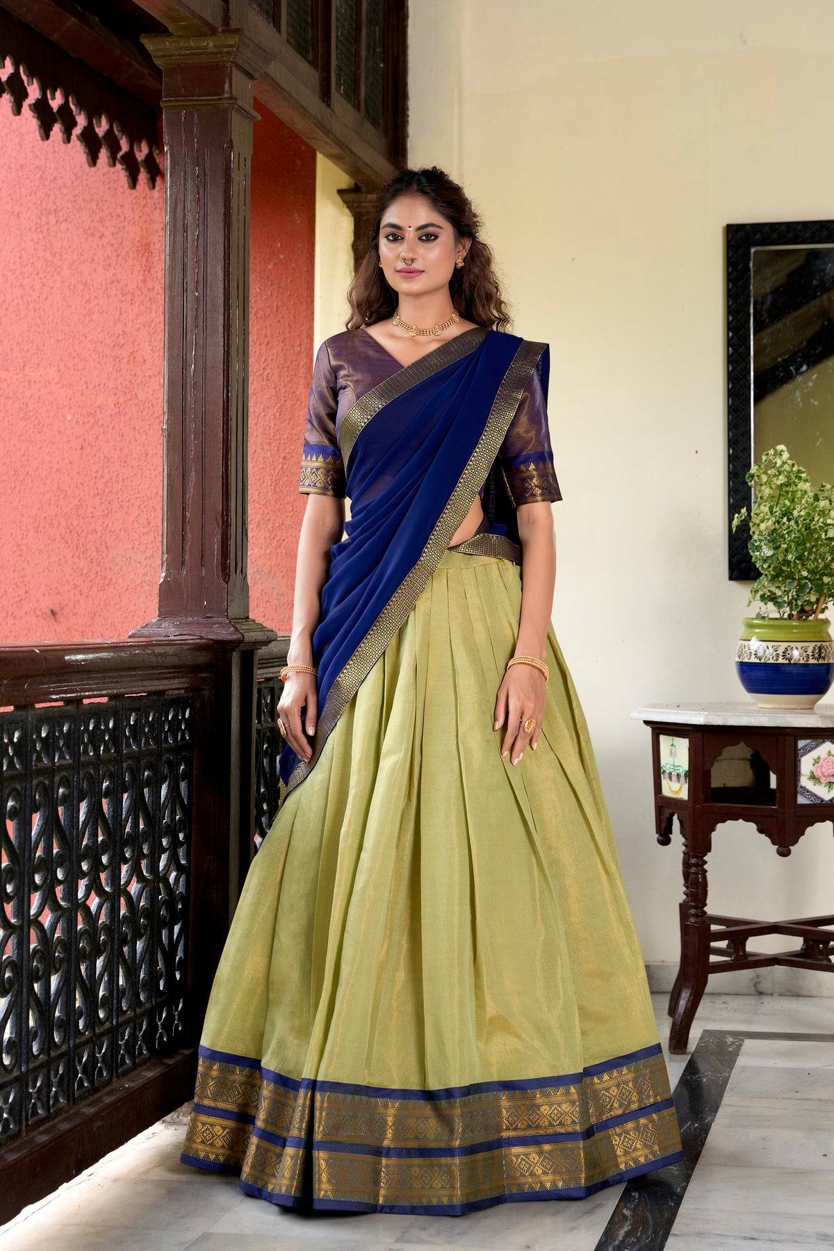 Lorenvalley Pista Kanchipuram Zari Weaving Work Lehenga Choli | Grocsy