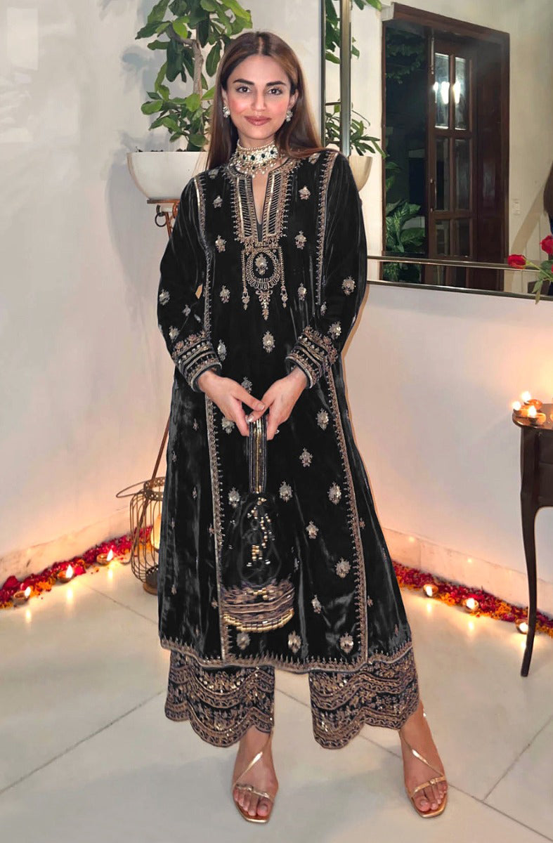 Lorenvalley Fashion Women Black Velvet Embroidered Salwar Suit Material | Grocsy