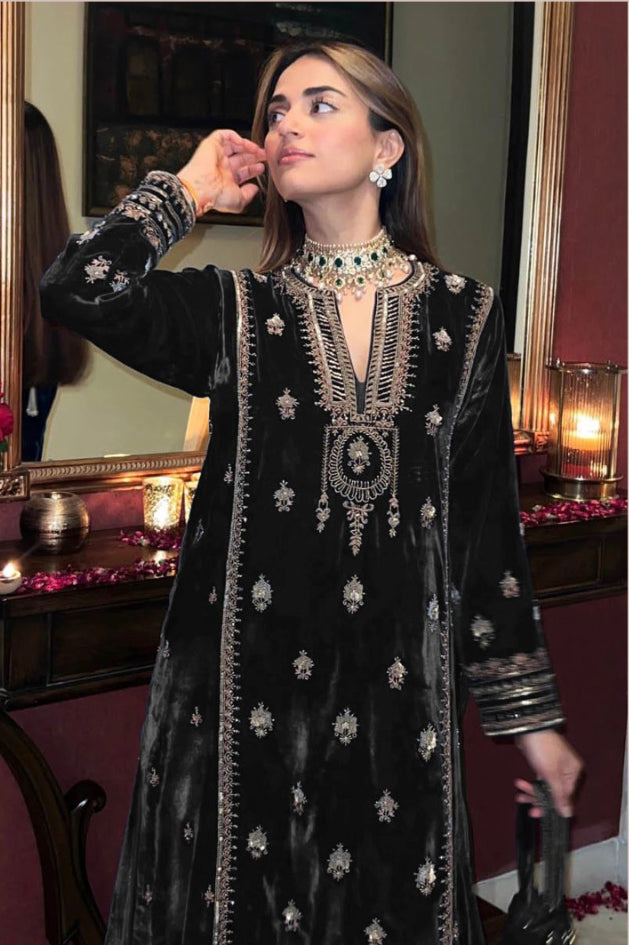 Lorenvalley Fashion Women Black Velvet Embroidered Salwar Suit Material | Grocsy