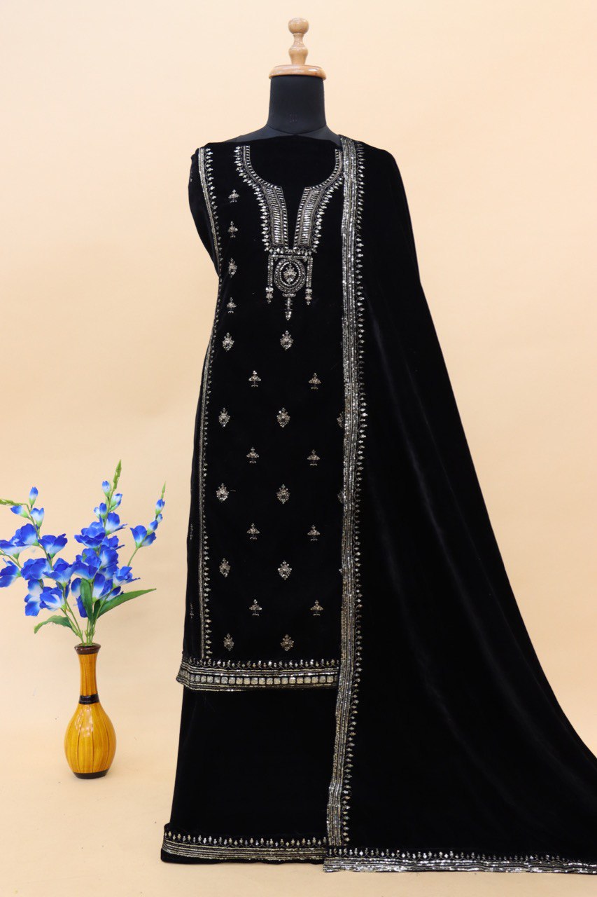 Lorenvalley Fashion Women Black Velvet Embroidered Salwar Suit Material | Grocsy