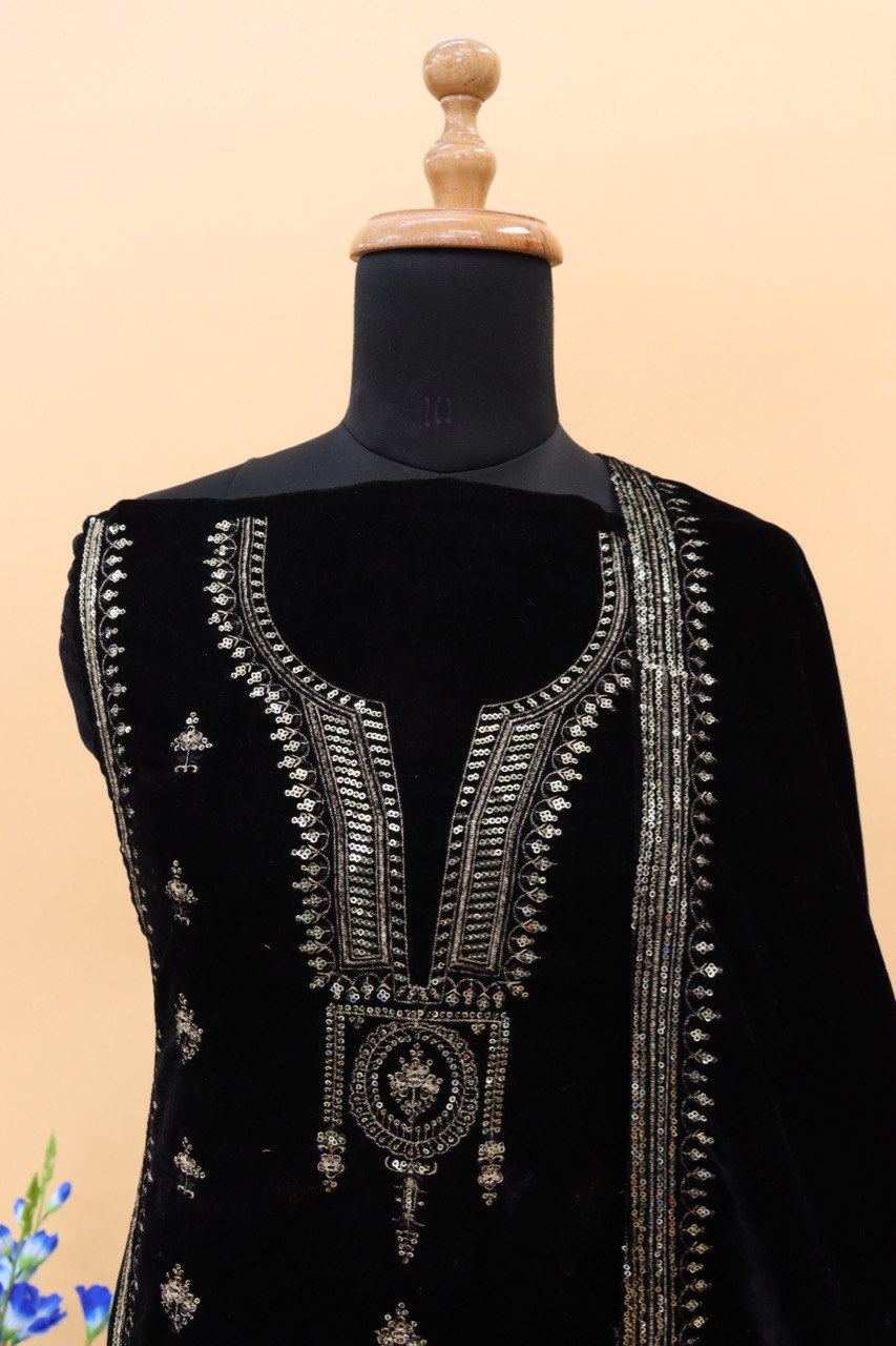 Lorenvalley Fashion Women Black Velvet Embroidered Salwar Suit Material | Grocsy