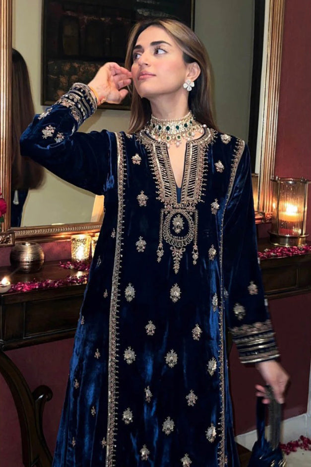Lorenvalley Fashion Women Blue Velvet Embroidered Salwar Suit Material | Grocsy