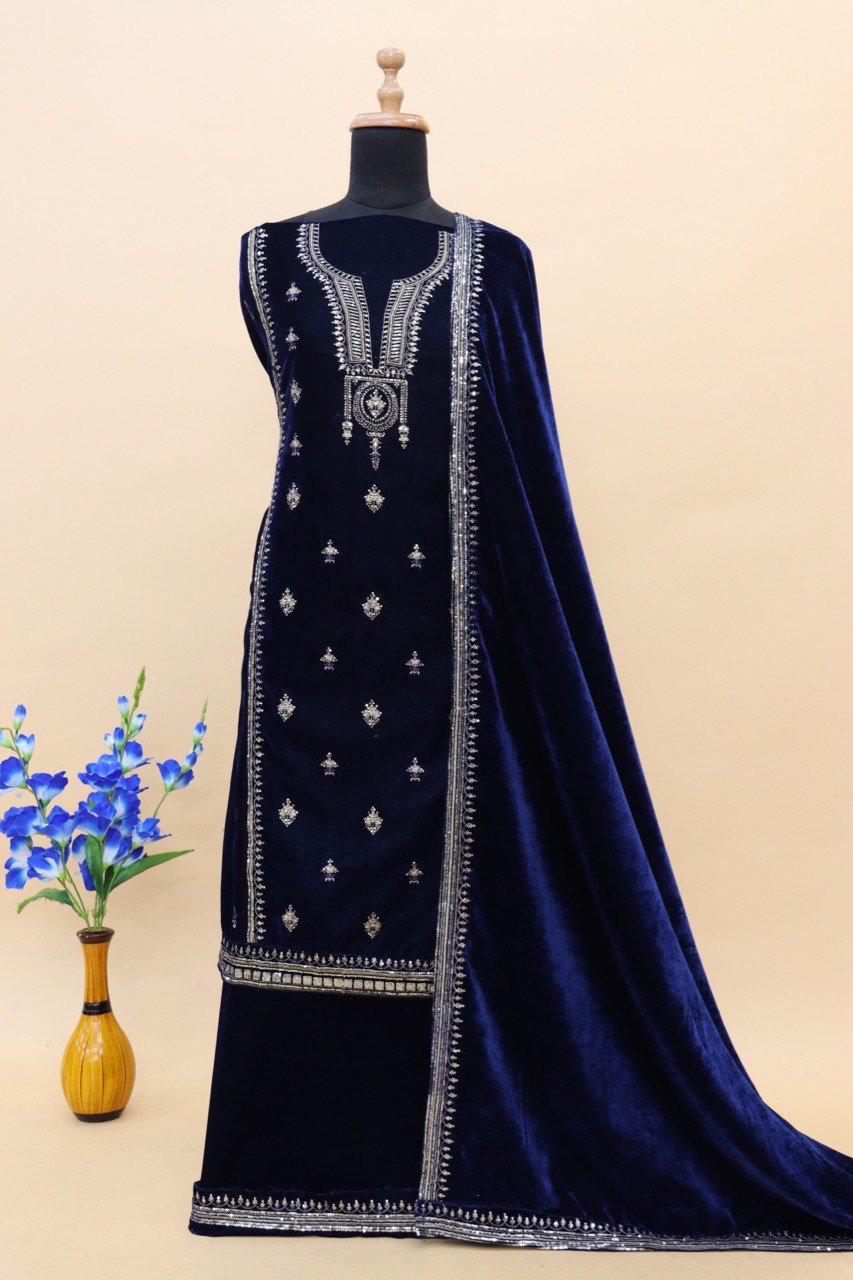 Lorenvalley Fashion Women Blue Velvet Embroidered Salwar Suit Material | Grocsy