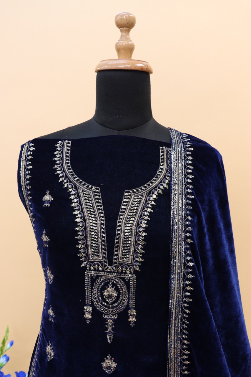 Lorenvalley Fashion Women Blue Velvet Embroidered Salwar Suit Material | Grocsy
