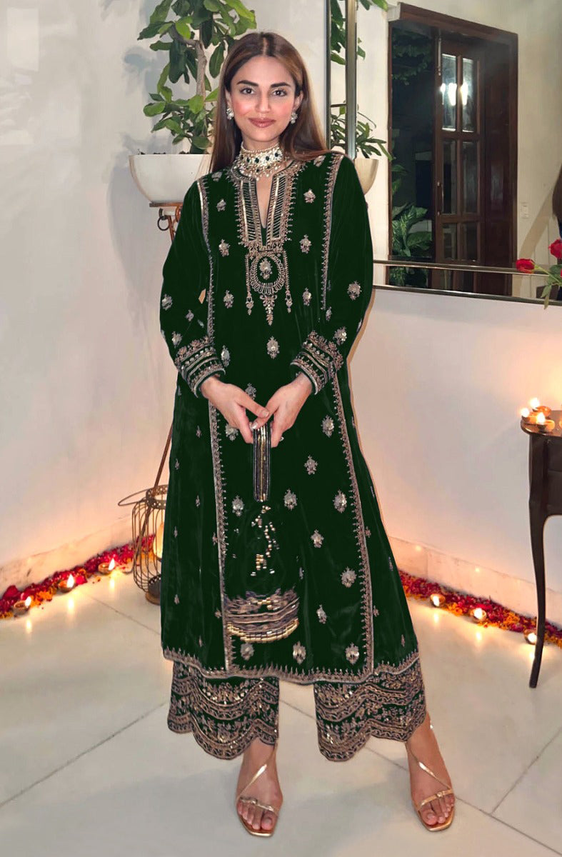 Lorenvalley Fashion Women Green Velvet Embroidered Salwar Suit Material | Grocsy