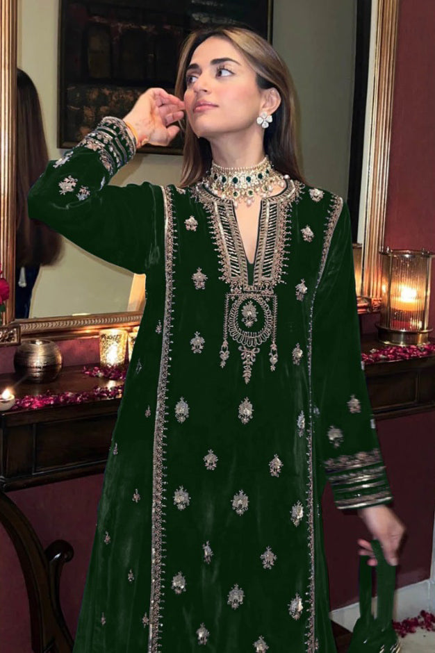 Lorenvalley Fashion Women Green Velvet Embroidered Salwar Suit Material | Grocsy