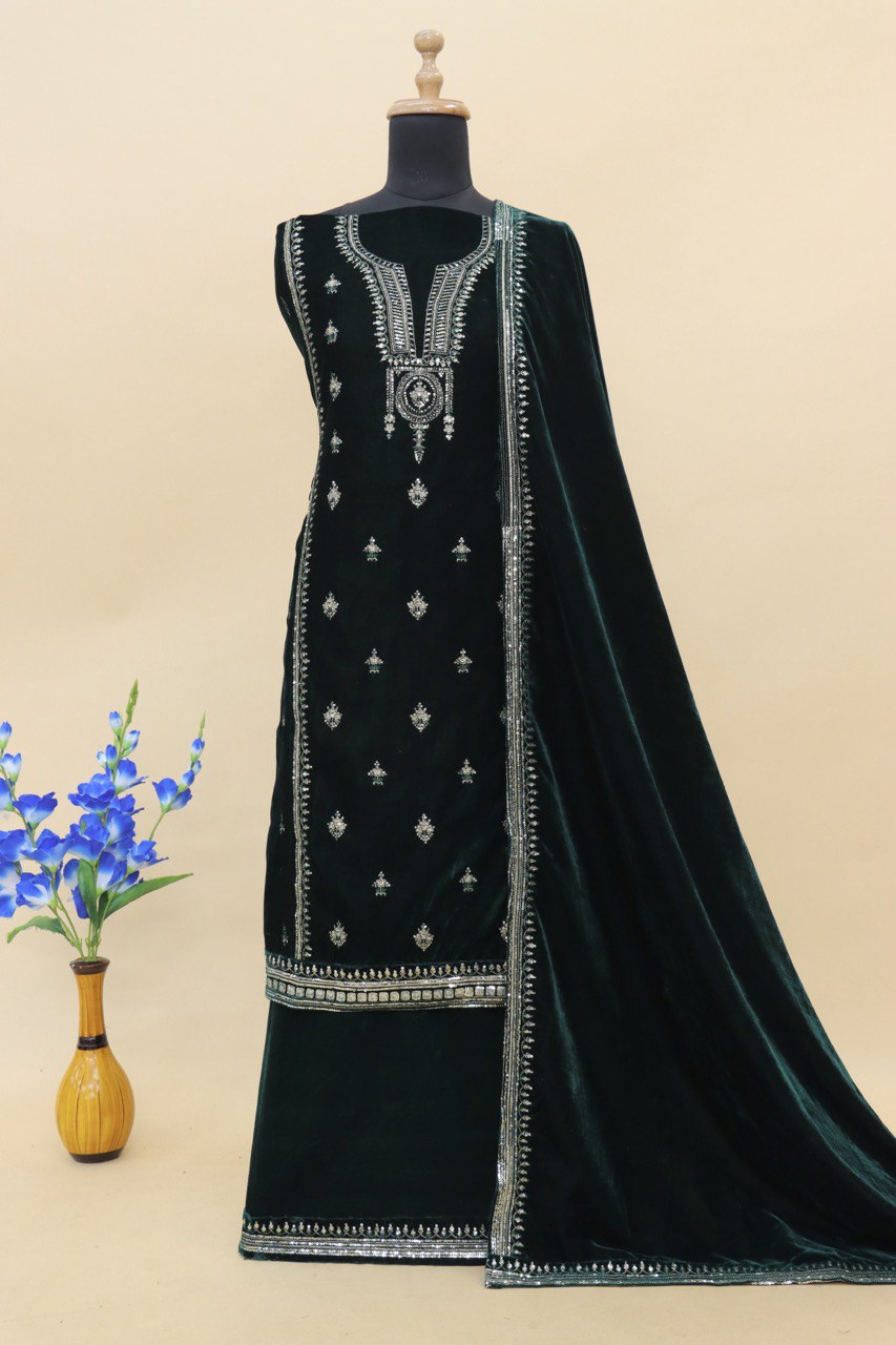 Lorenvalley Fashion Women Green Velvet Embroidered Salwar Suit Material | Grocsy