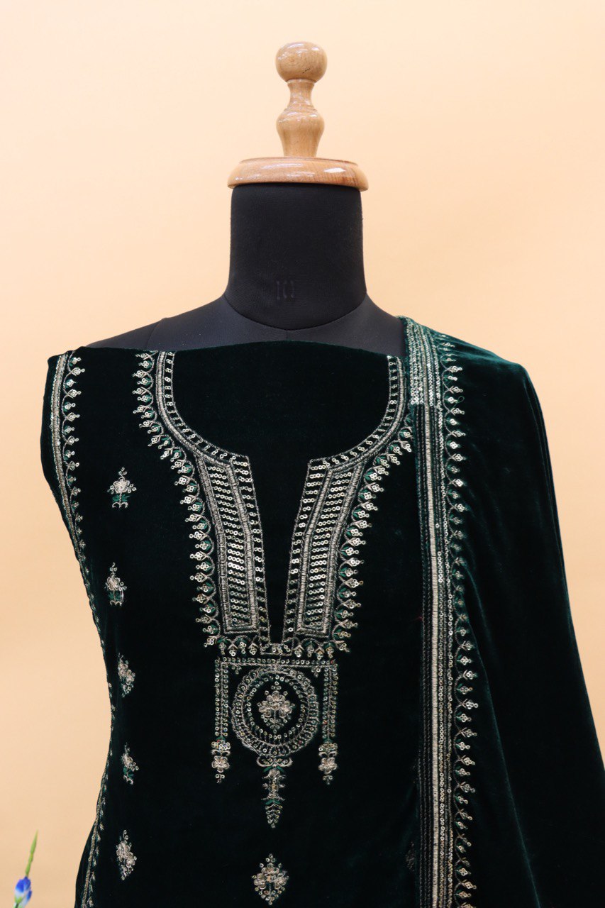 Lorenvalley Fashion Women Green Velvet Embroidered Salwar Suit Material | Grocsy