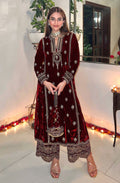 Lorenvalley Fashion Women Maroon Velvet Embroidered Salwar Suit Material | Grocsy