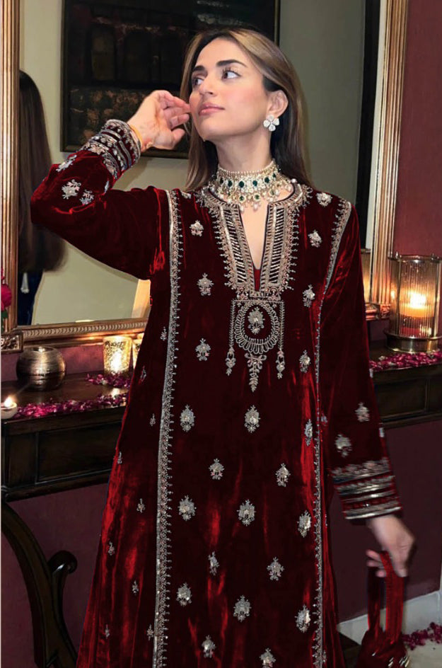 Lorenvalley Fashion Women Maroon Velvet Embroidered Salwar Suit Material | Grocsy