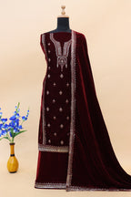 Lorenvalley Fashion Women Maroon Velvet Embroidered Salwar Suit Material | Grocsy