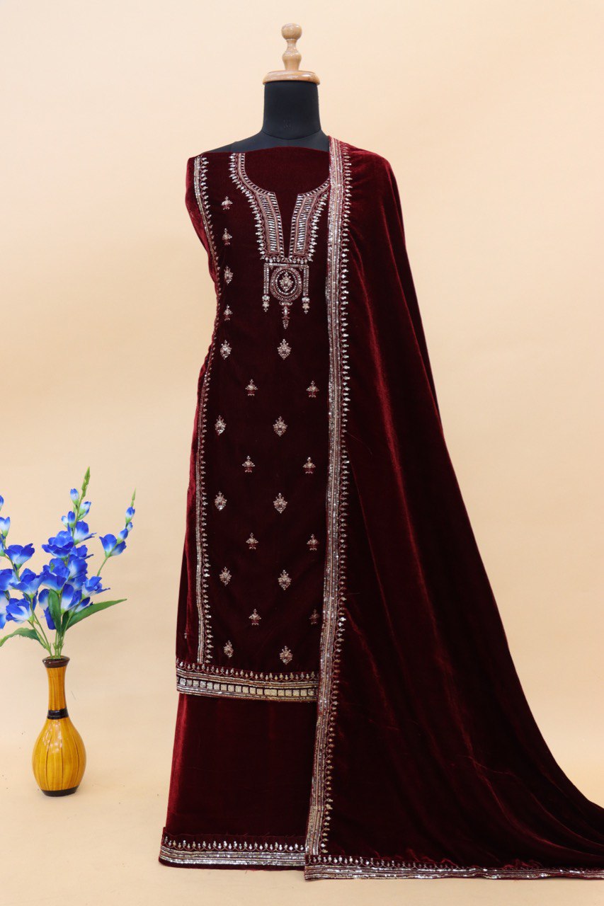 Lorenvalley Fashion Women Maroon Velvet Embroidered Salwar Suit Material | Grocsy