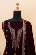 Lorenvalley Fashion Women Maroon Velvet Embroidered Salwar Suit Material | Grocsy
