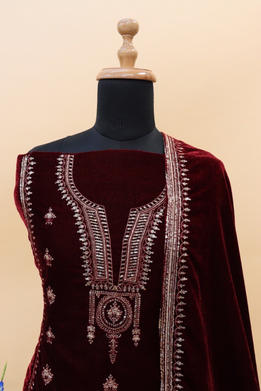 Lorenvalley Fashion Women Maroon Velvet Embroidered Salwar Suit Material | Grocsy