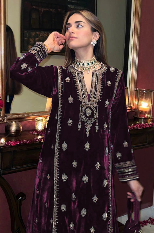 Lorenvalley Fashion Women Purple Velvet Embroidered Salwar Suit Material | Grocsy