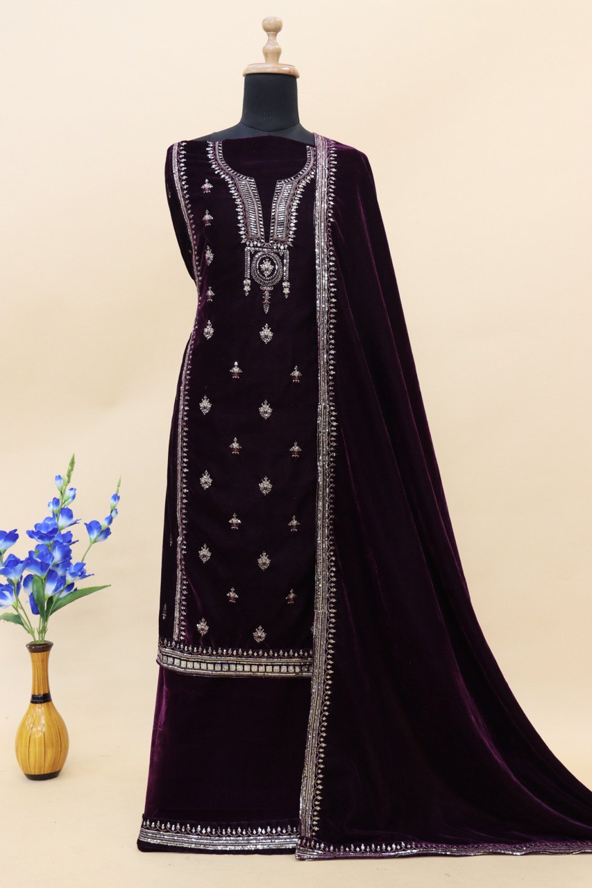 Lorenvalley Fashion Women Purple Velvet Embroidered Salwar Suit Material | Grocsy