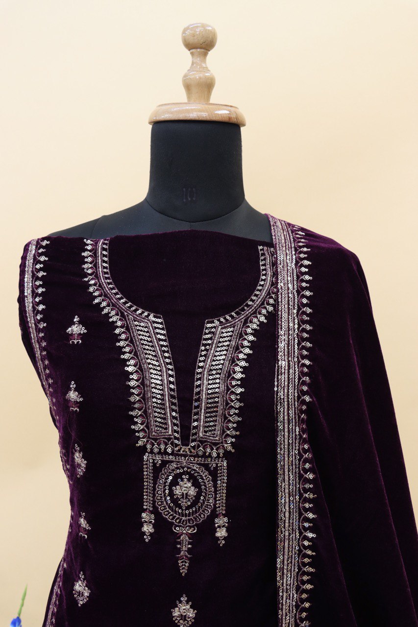Lorenvalley Fashion Women Purple Velvet Embroidered Salwar Suit Material | Grocsy