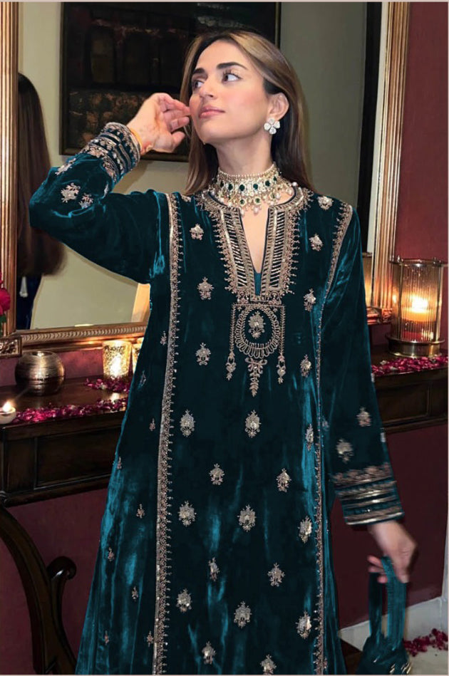 Lorenvalley Fashion Women Rama Velvet Embroidered Salwar Suit Material | Grocsy
