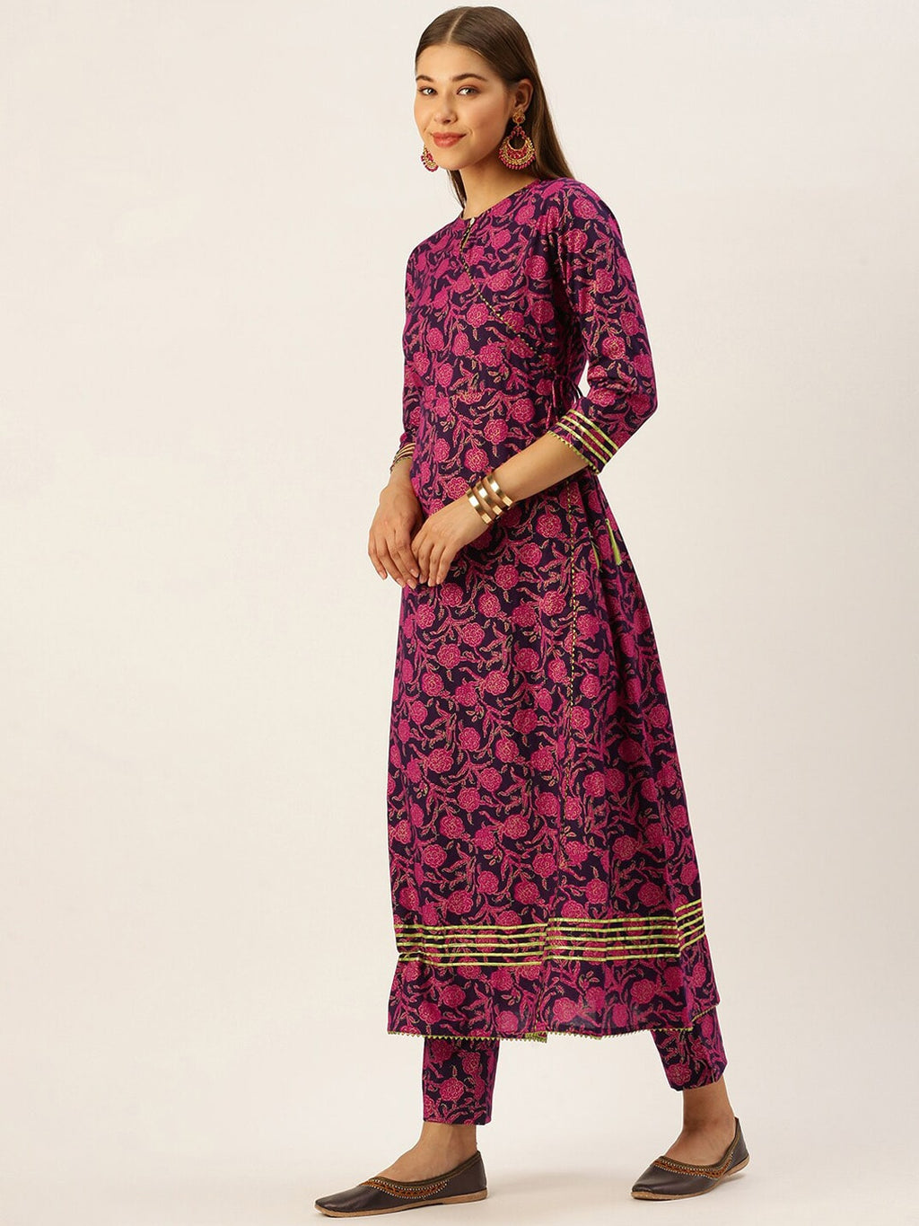 HERE&NOW Women Pink & Navy Blue Printed Pure Cotton Kurta with Trousers & With Dupatta | Grocsy