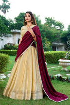 Lorenvalley Cream Kanchipuram Zari Weaving Work Lehenga Choli with Dupatta | Grocsy