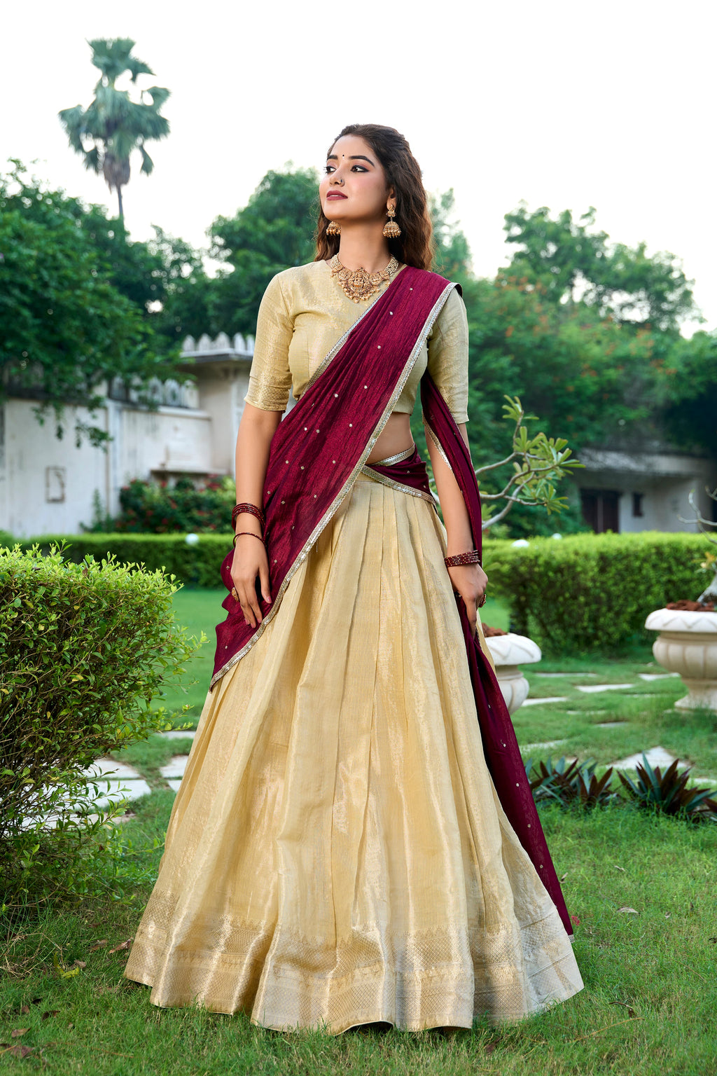 Lorenvalley Cream Kanchipuram Zari Weaving Work Lehenga Choli with Dupatta | Grocsy