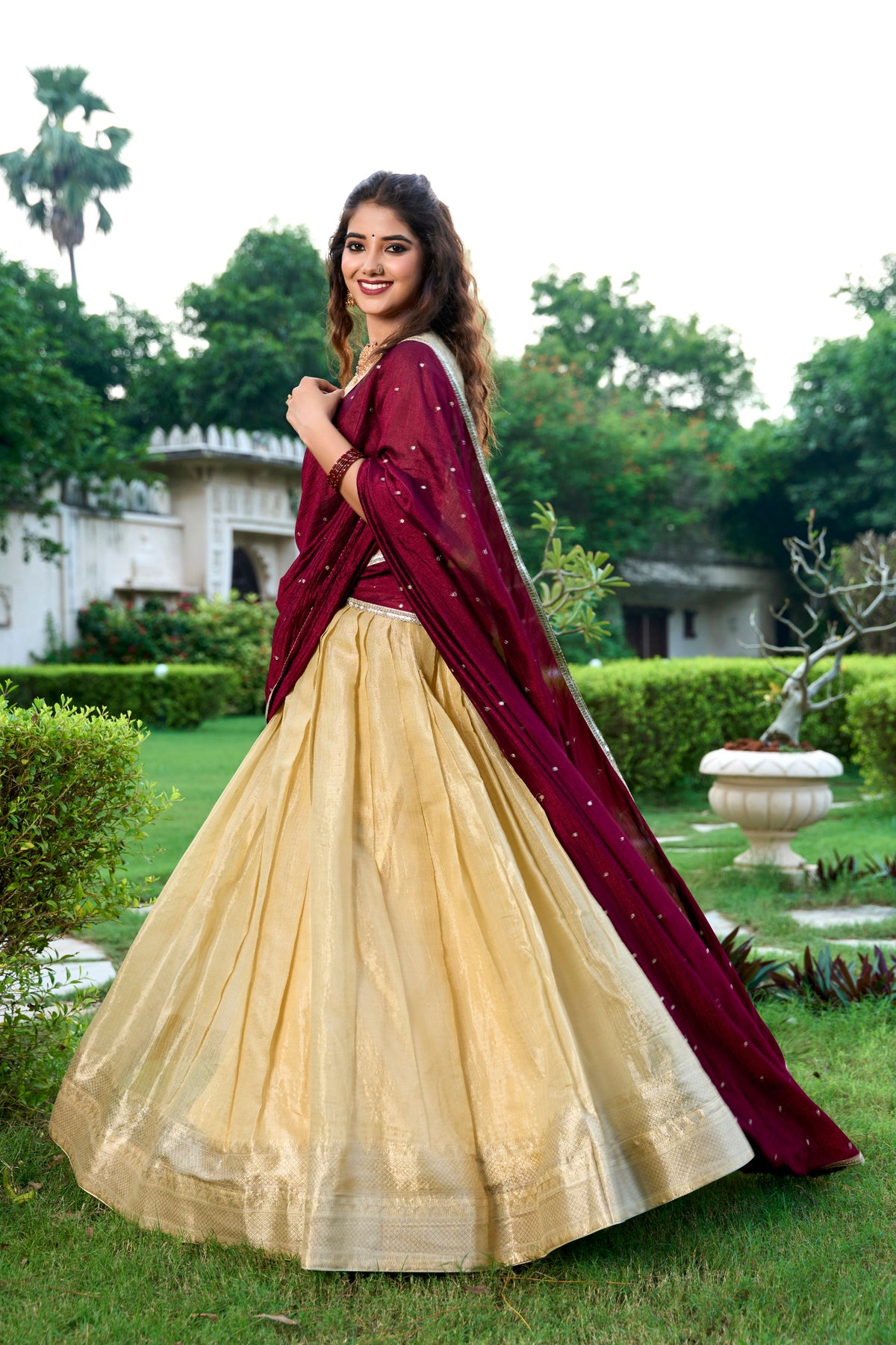 Lorenvalley Cream Kanchipuram Zari Weaving Work Lehenga Choli with Dupatta | Grocsy