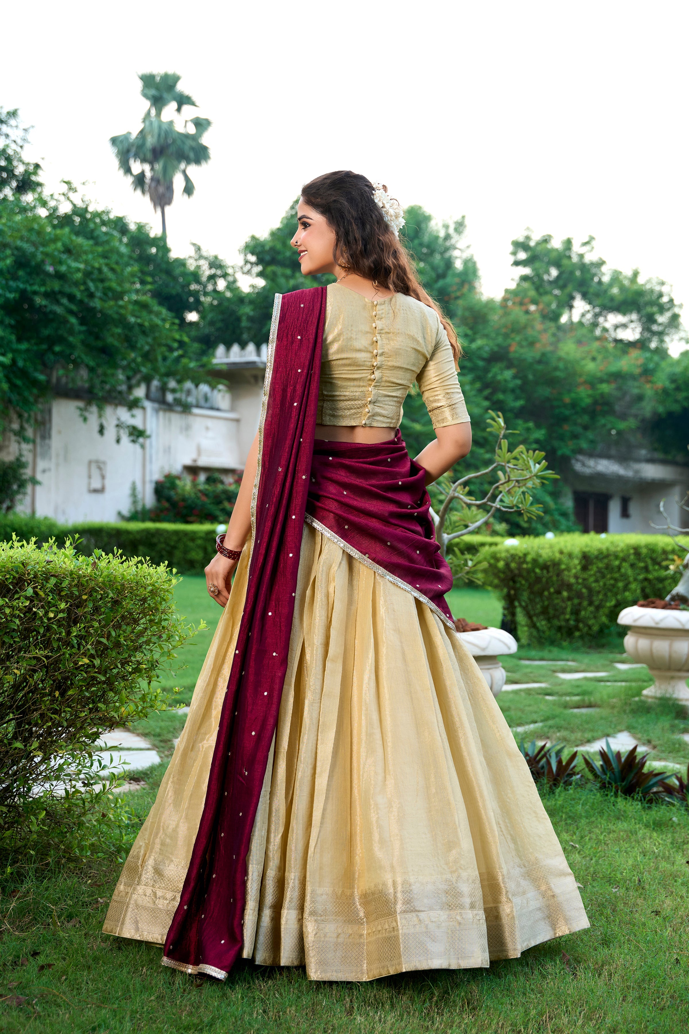 Lorenvalley Cream Kanchipuram Zari Weaving Work Lehenga Choli with Dupatta | Grocsy