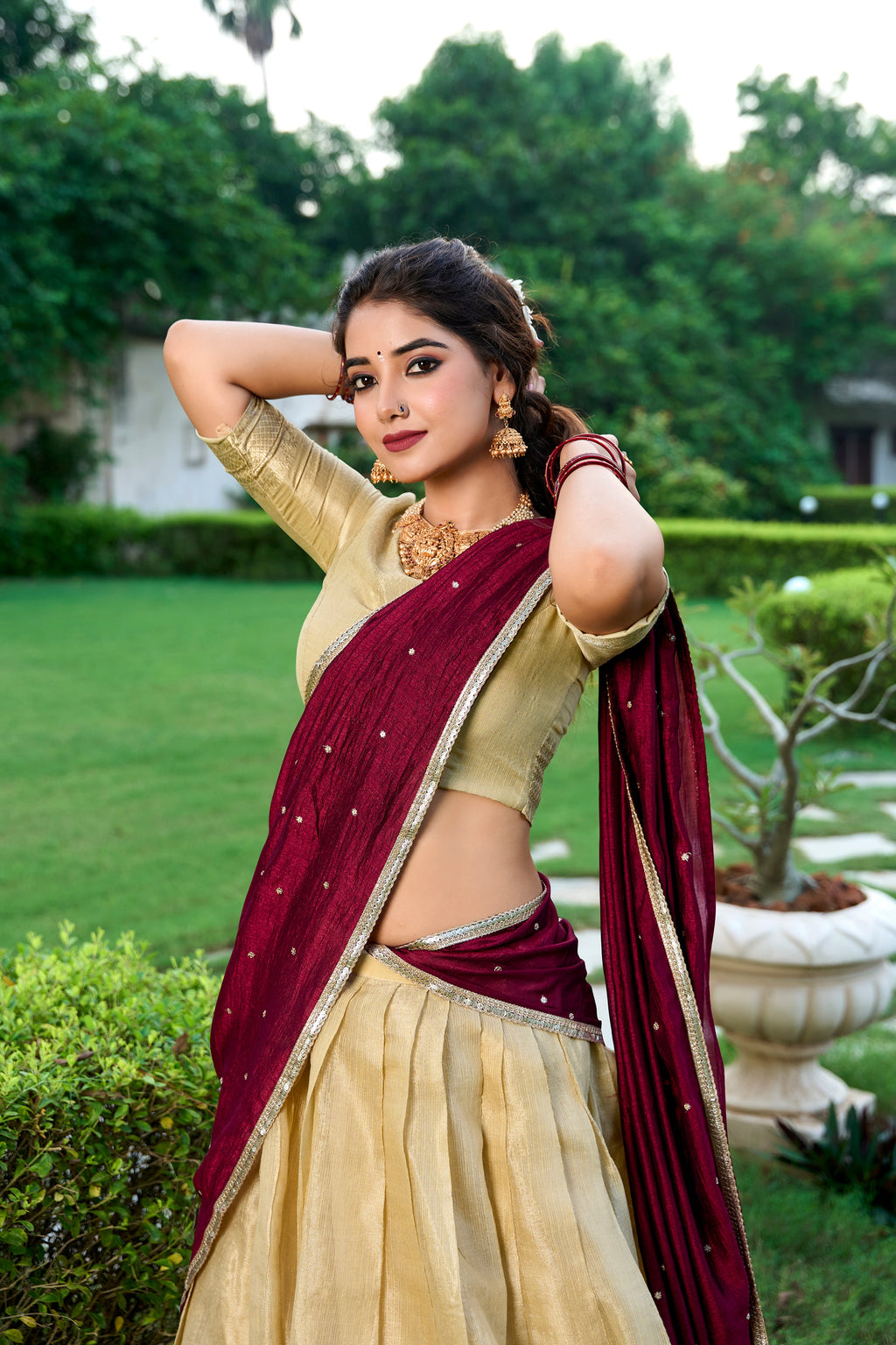 Lorenvalley Cream Kanchipuram Zari Weaving Work Lehenga Choli with Dupatta | Grocsy