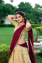 Lorenvalley Cream Kanchipuram Zari Weaving Work Lehenga Choli with Dupatta | Grocsy