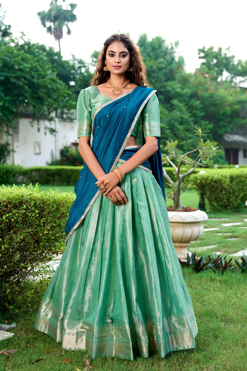 Lorenvalley Pista Kanchipuram Zari Weaving Work Lehenga Choli with Dupatta | Grocsy