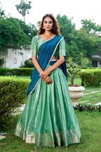 Lorenvalley Pista Kanchipuram Zari Weaving Work Lehenga Choli with Dupatta | Grocsy