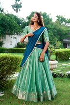 Lorenvalley Pista Kanchipuram Zari Weaving Work Lehenga Choli with Dupatta | Grocsy