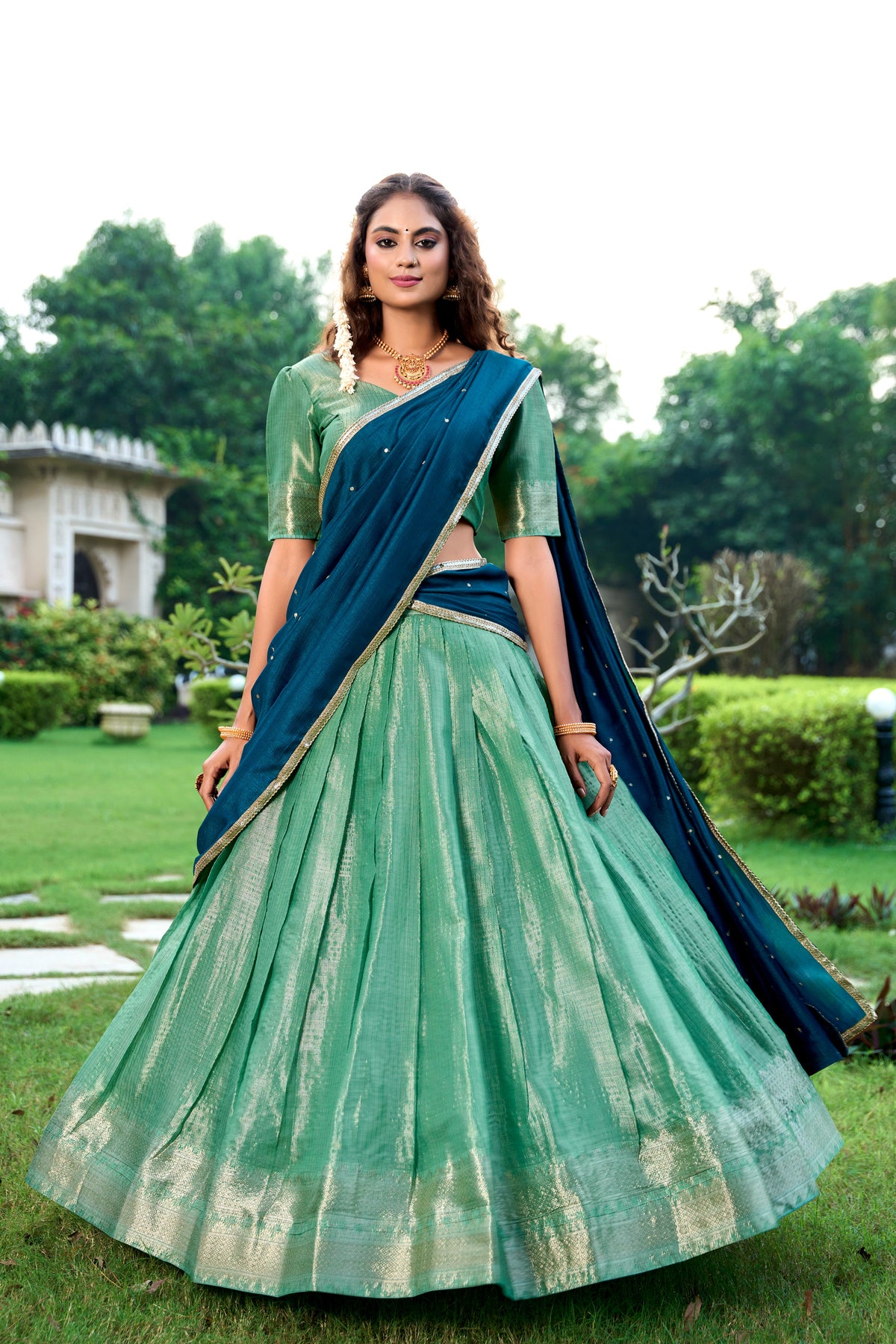Lorenvalley Pista Kanchipuram Zari Weaving Work Lehenga Choli with Dupatta | Grocsy