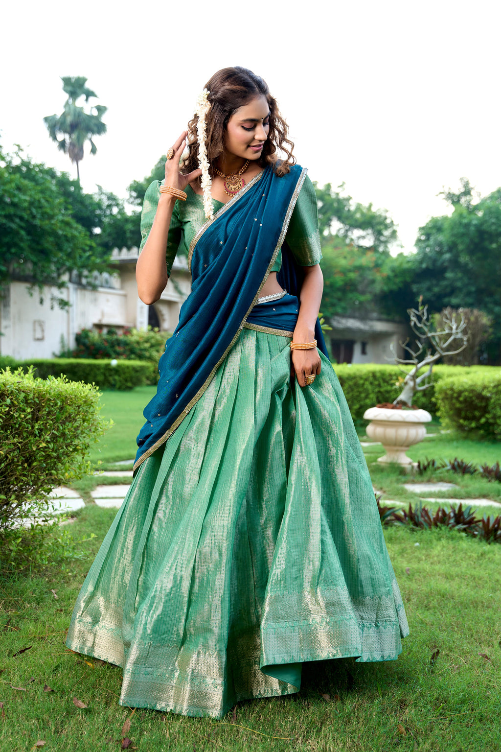 Lorenvalley Pista Kanchipuram Zari Weaving Work Lehenga Choli with Dupatta | Grocsy