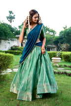 Lorenvalley Pista Kanchipuram Zari Weaving Work Lehenga Choli with Dupatta | Grocsy