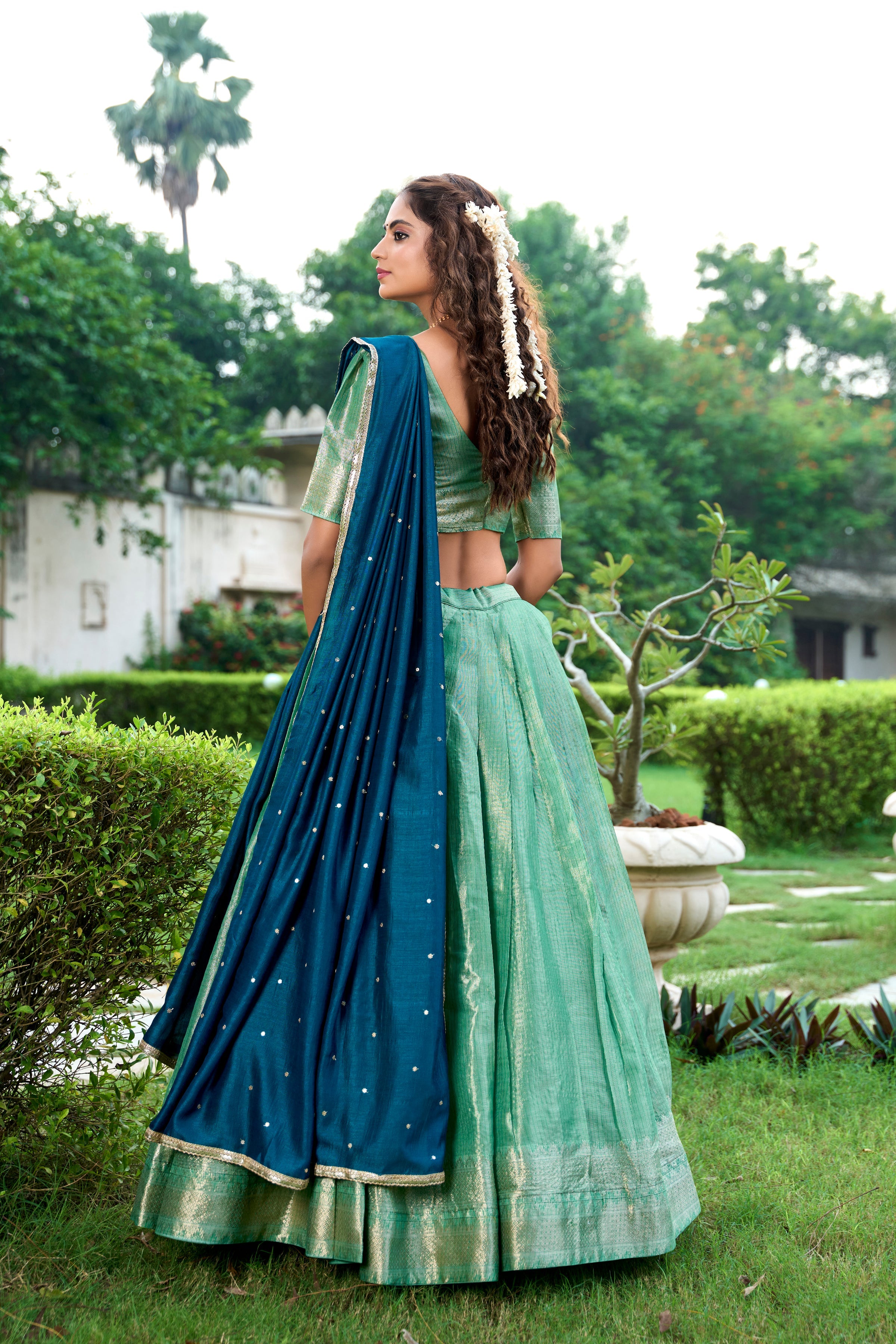Lorenvalley Pista Kanchipuram Zari Weaving Work Lehenga Choli with Dupatta | Grocsy