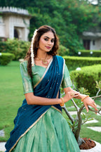 Lorenvalley Pista Kanchipuram Zari Weaving Work Lehenga Choli with Dupatta | Grocsy