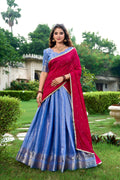 Lorenvalley Royal Blue Kanchipuram Zari Weaving Work Lehenga Choli with Dupatta | Grocsy