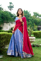 Lorenvalley Royal Blue Kanchipuram Zari Weaving Work Lehenga Choli with Dupatta | Grocsy