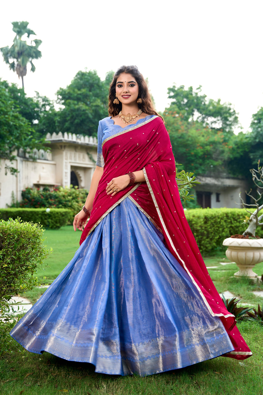Lorenvalley Royal Blue Kanchipuram Zari Weaving Work Lehenga Choli with Dupatta | Grocsy