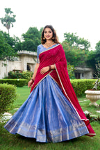 Lorenvalley Royal Blue Kanchipuram Zari Weaving Work Lehenga Choli with Dupatta | Grocsy