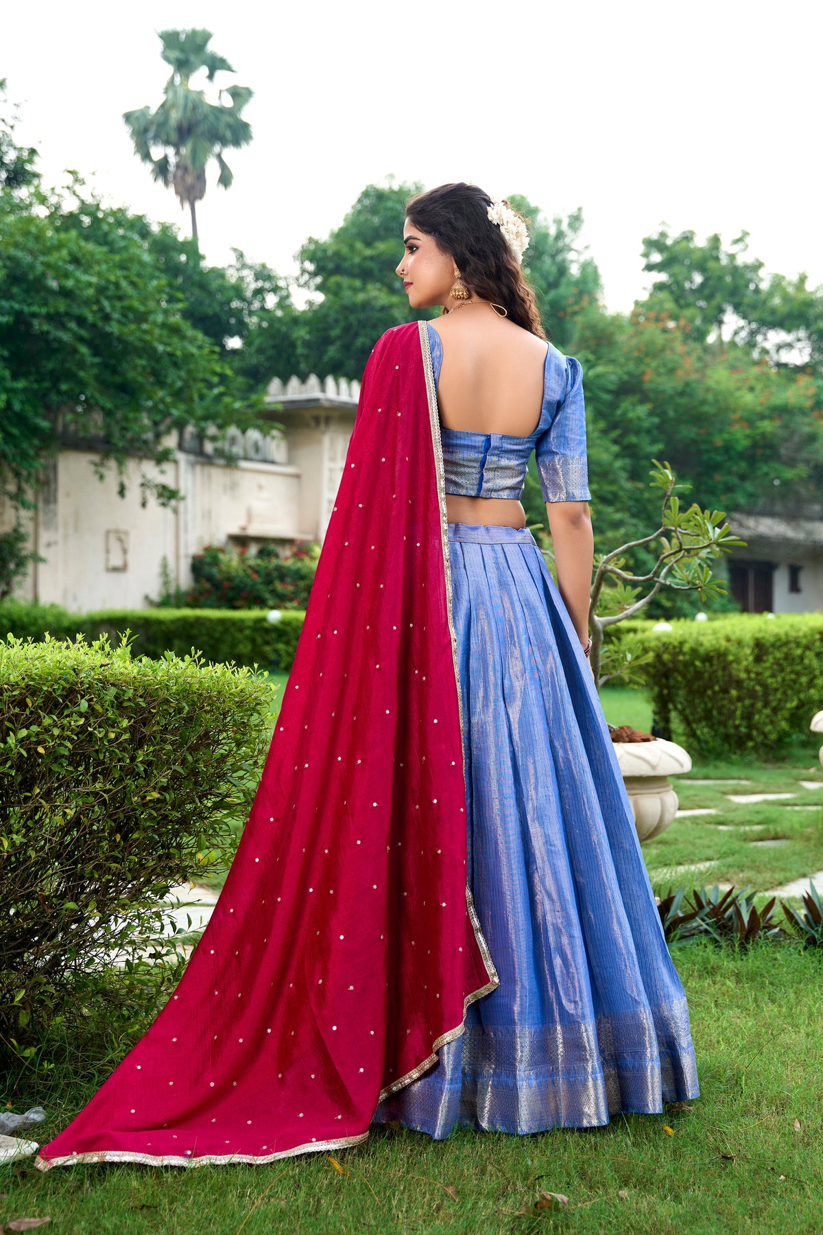Lorenvalley Royal Blue Kanchipuram Zari Weaving Work Lehenga Choli with Dupatta | Grocsy