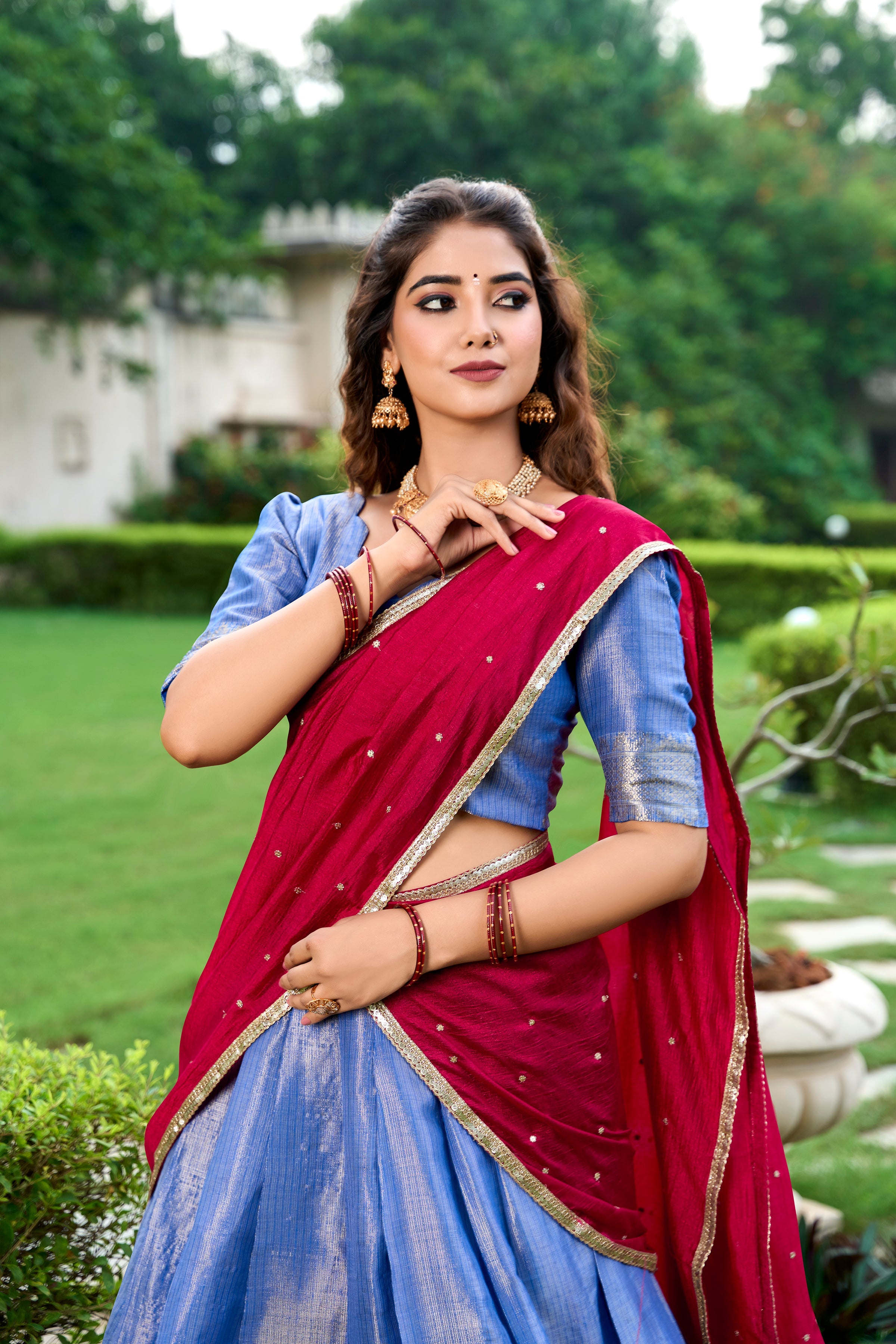 Lorenvalley Royal Blue Kanchipuram Zari Weaving Work Lehenga Choli with Dupatta | Grocsy