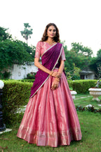 Lorenvalley Pink Kanchipuram Zari Weaving Work Lehenga Choli with Dupatta | Grocsy