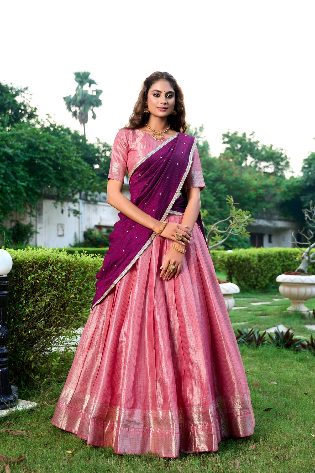 Lorenvalley Pink Kanchipuram Zari Weaving Work Lehenga Choli with Dupatta | Grocsy
