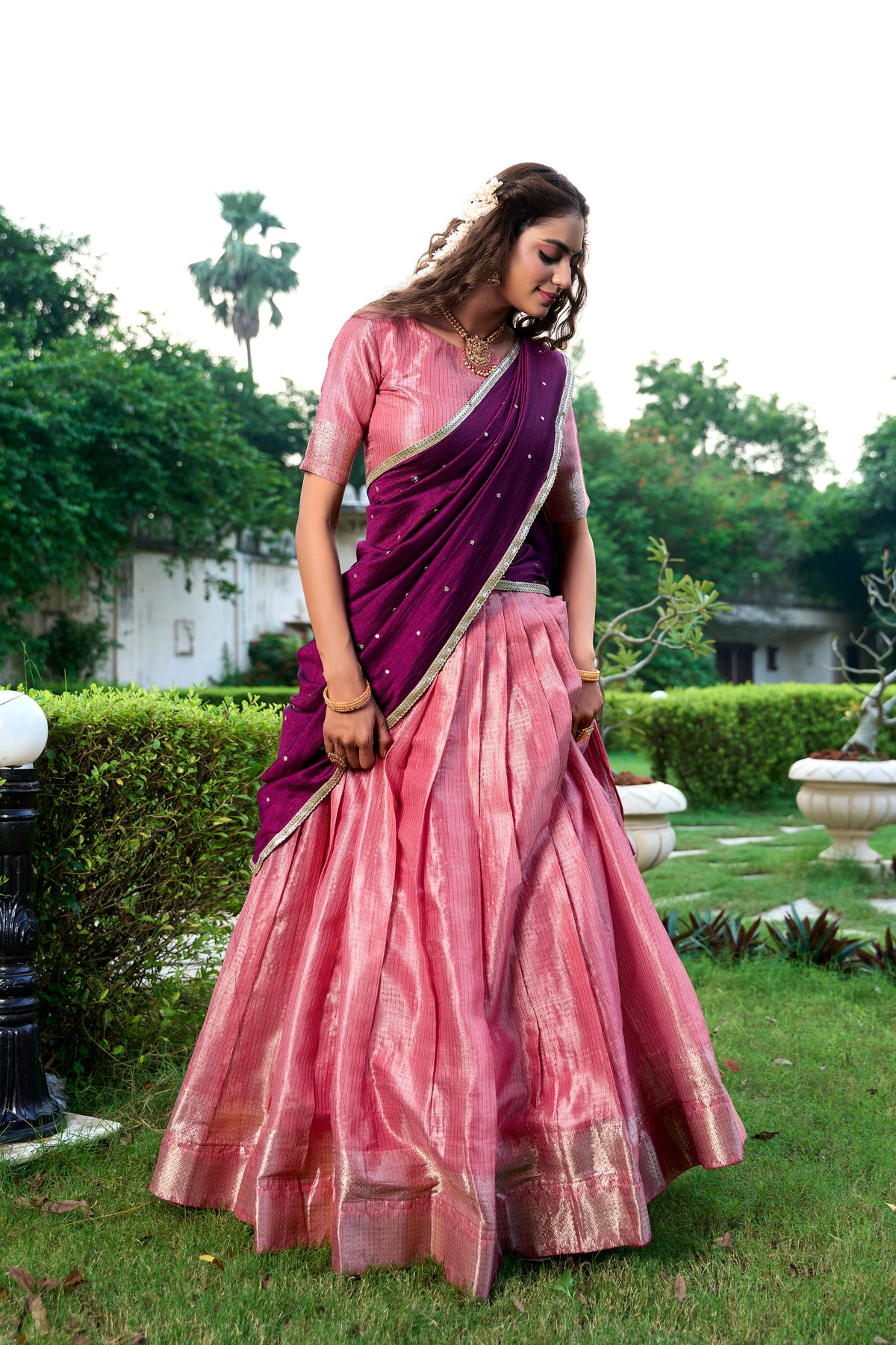 Lorenvalley Pink Kanchipuram Zari Weaving Work Lehenga Choli with Dupatta | Grocsy