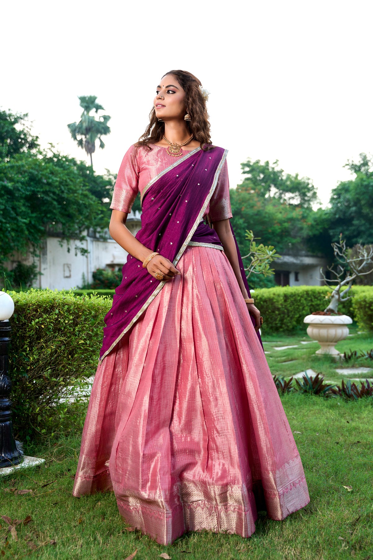 Lorenvalley Pink Kanchipuram Zari Weaving Work Lehenga Choli with Dupatta | Grocsy